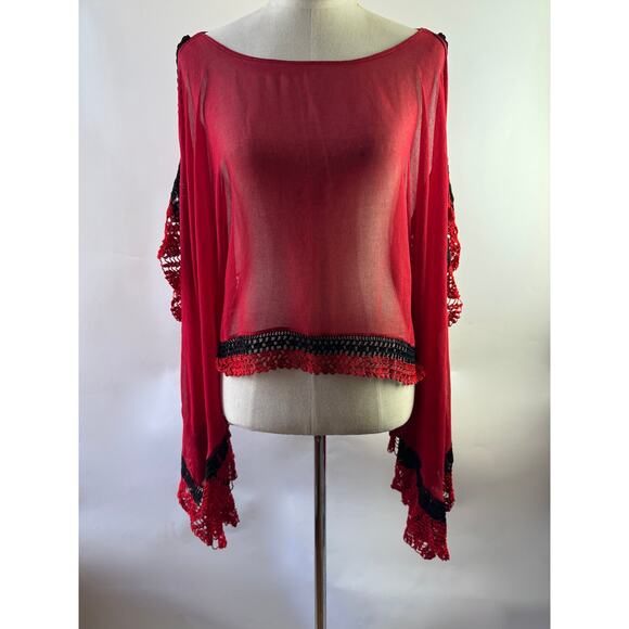 Y2K Handmade Angel Sleeve Ruby Red Black Silk Georgette Crochet Top Size Large - Picture 2 of 7